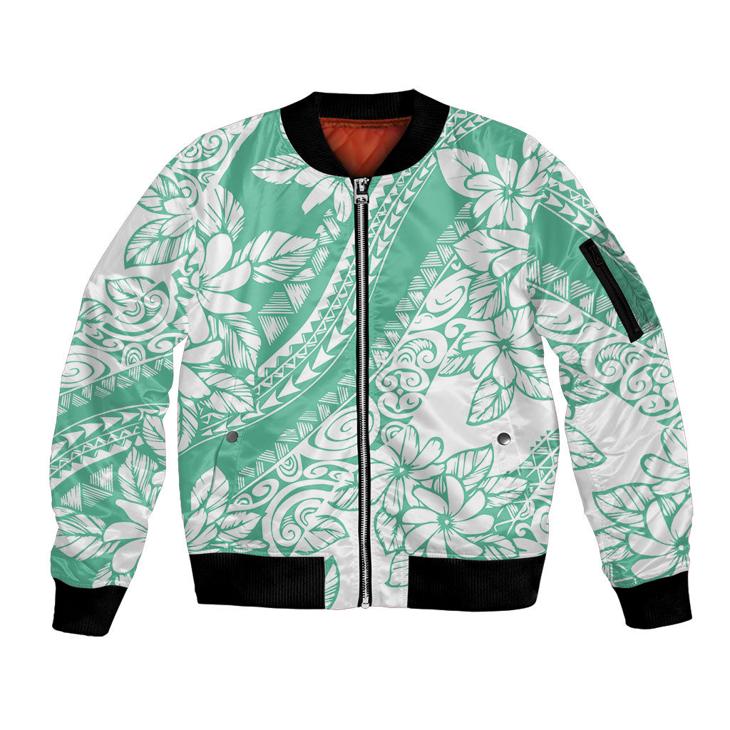 Polynesian Tiare Flower Cyan Pastel Vibes Sleeve Zip Bomber Jacket