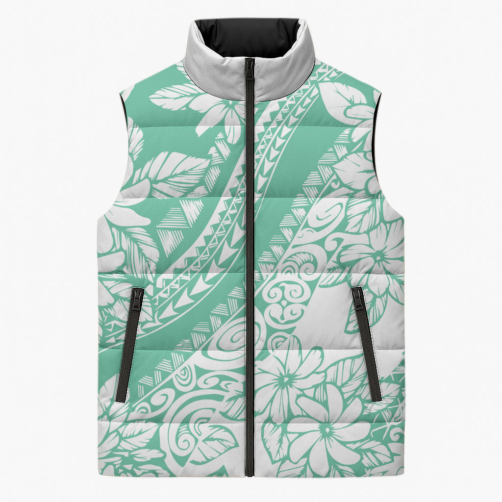 Polynesian Tiare Flower Cyan Pastel Vibes Sleeveless Puffer Jacket
