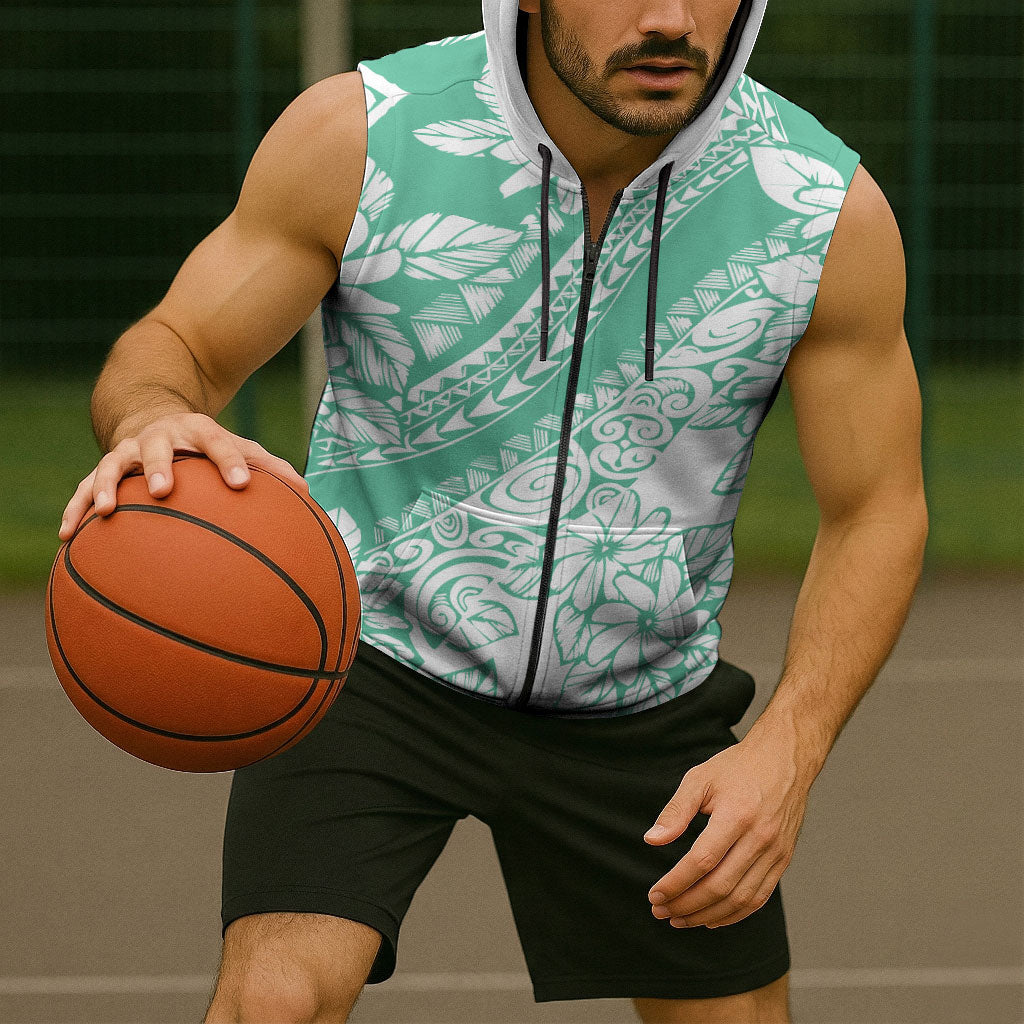 Polynesian Tiare Flower Cyan Pastel Vibes Sleeveless Zip Hoodie LT14 - Polynesian Pride