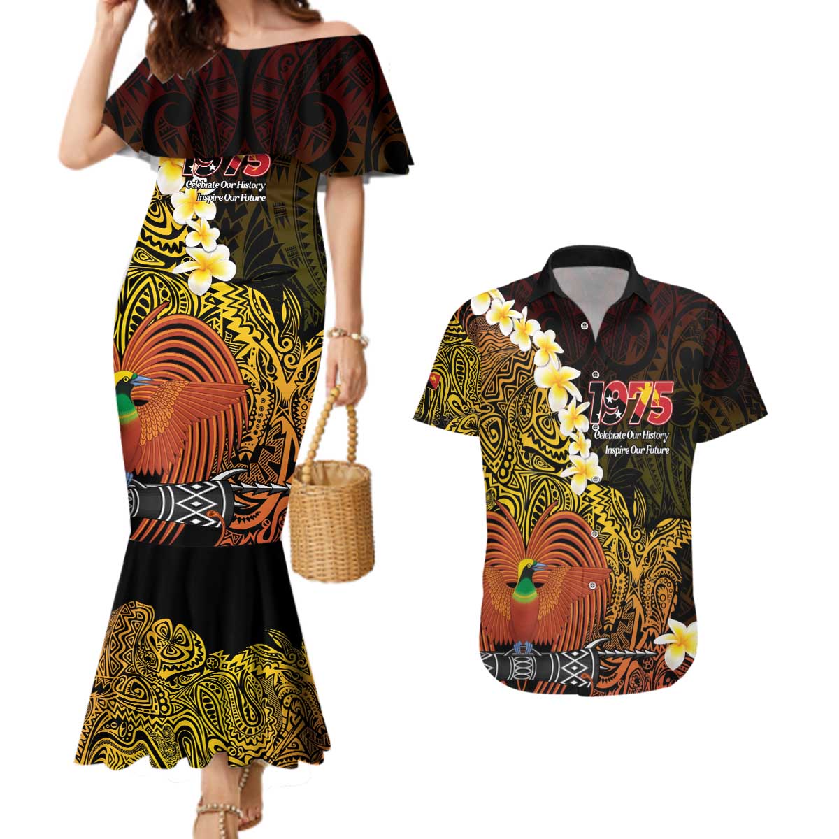 Papua New Guinea 1975 Couples Matching Mermaid Dress and Hawaiian Shirt Create Our History Inspire Our Future LT14 Black - Polynesian Pride