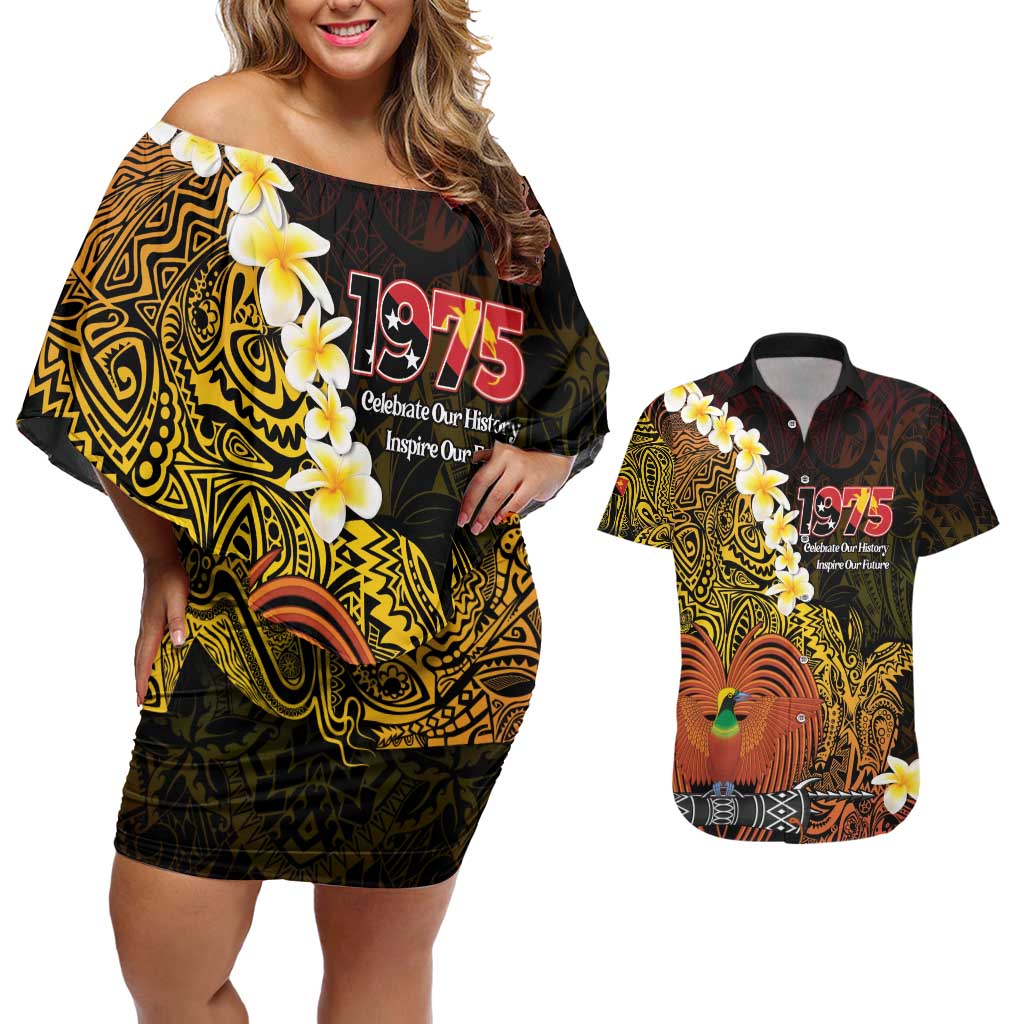 Papua New Guinea 1975 Couples Matching Off Shoulder Short Dress and Hawaiian Shirt Create Our History Inspire Our Future LT14 Black - Polynesian Pride