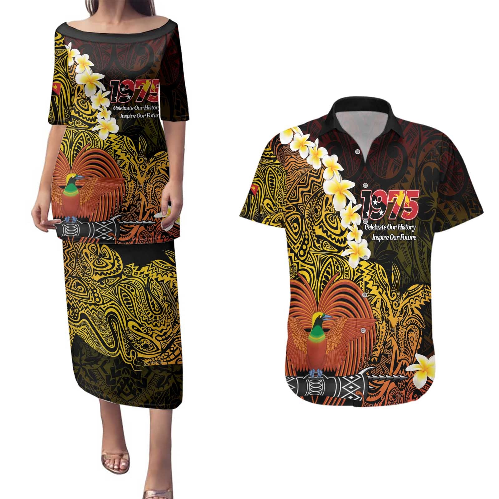 Papua New Guinea 1975 Couples Matching Puletasi and Hawaiian Shirt Create Our History Inspire Our Future LT14 Black - Polynesian Pride