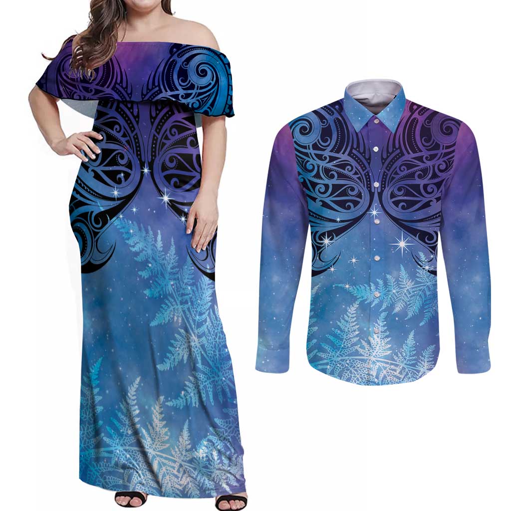 New Zealand Matariki Couples Matching Off Shoulder Maxi Dress and Long Sleeve Button Shirt Aotearoa Maori New Year Galaxy Maori Silver Fern