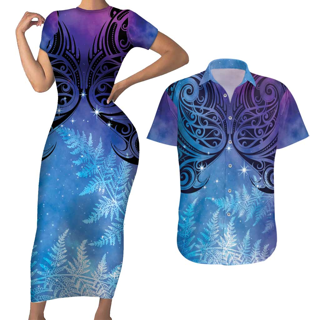 New Zealand Matariki Couples Matching Short Sleeve Bodycon Dress and Hawaiian Shirt Aotearoa Maori New Year Galaxy Maori Silver Fern