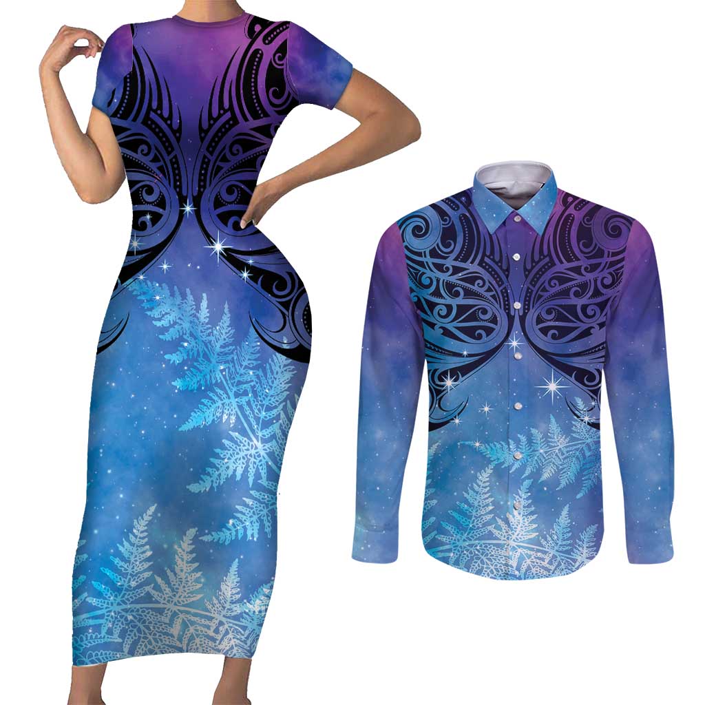 New Zealand Matariki Couples Matching Short Sleeve Bodycon Dress and Long Sleeve Button Shirt Aotearoa Maori New Year Galaxy Maori Silver Fern