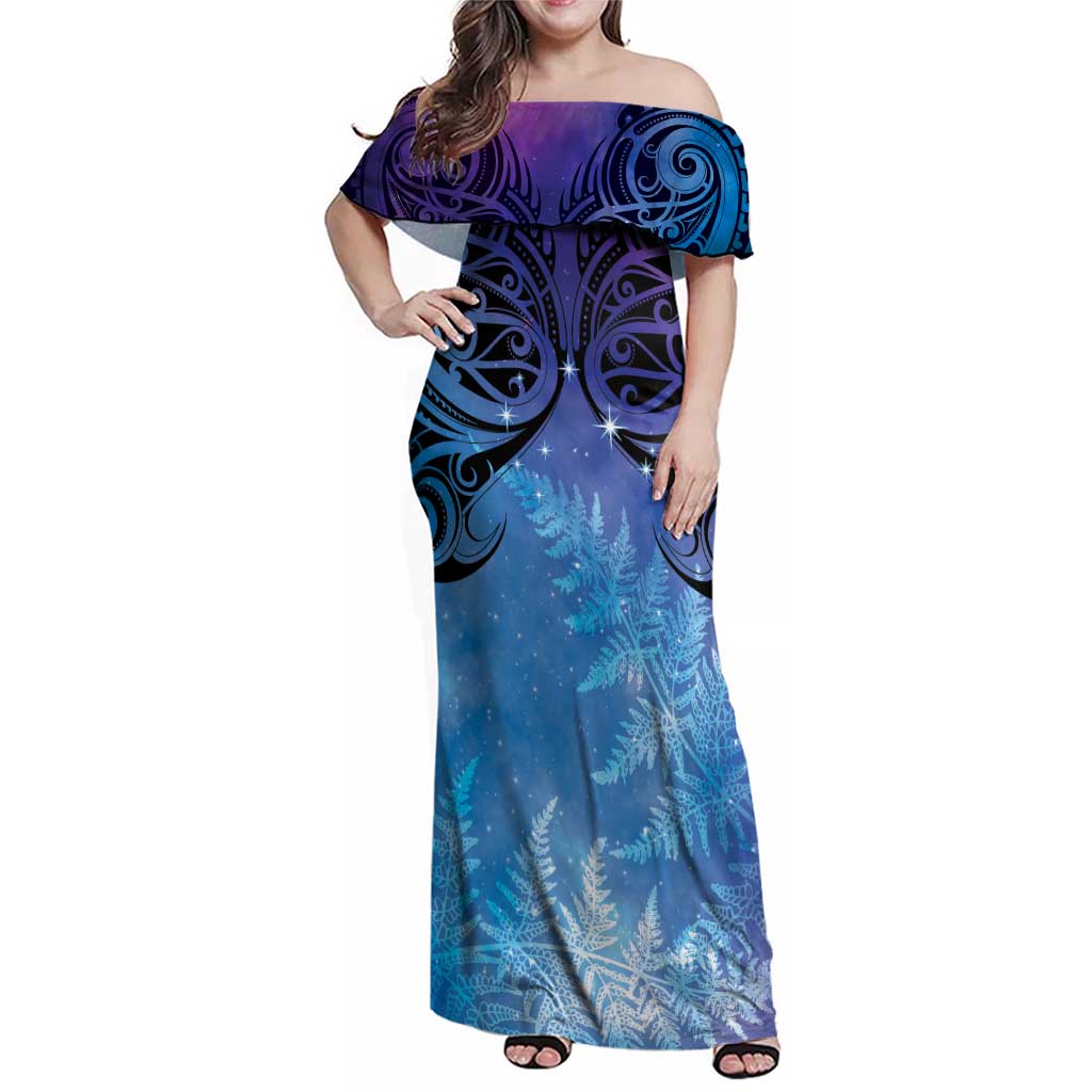 New Zealand Matariki Family Matching Off Shoulder Maxi Dress and Hawaiian Shirt Aotearoa Maori New Year Galaxy Maori Silver Fern