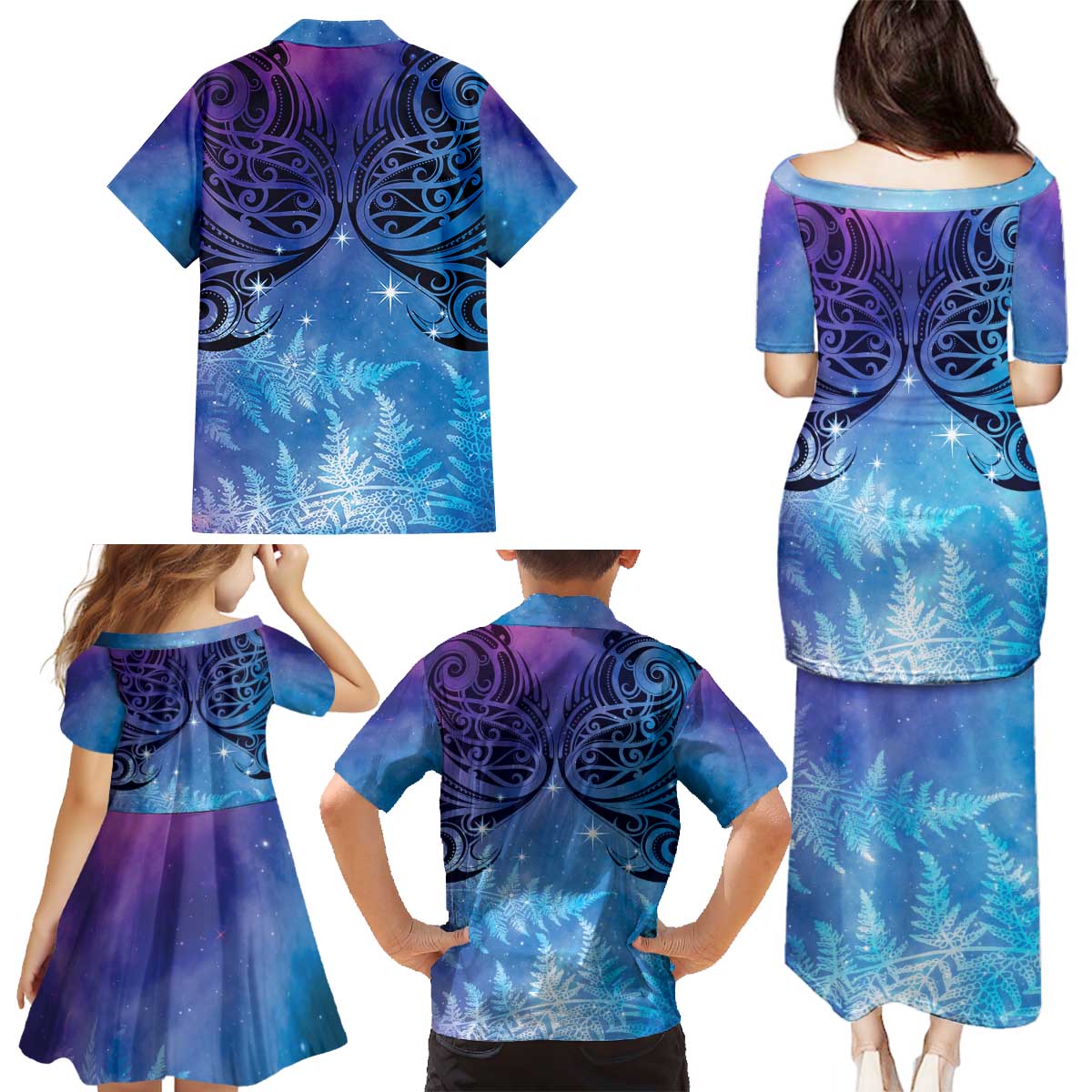 New Zealand Matariki Family Matching Puletasi and Hawaiian Shirt Aotearoa Maori New Year Galaxy Maori Silver Fern