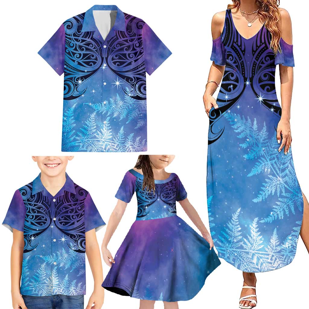 New Zealand Matariki Family Matching Summer Maxi Dress and Hawaiian Shirt Aotearoa Maori New Year Galaxy Maori Silver Fern