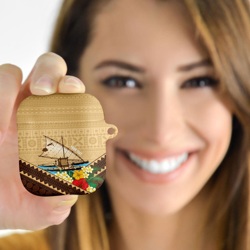 Personalised Bula Vinaka Fiji Drua AirPods Case Fijian Traditional Canoe Tapa Cloth Beige LT14 - Polynesian Pride