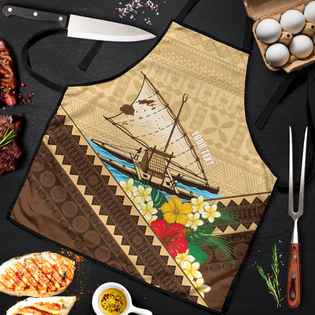 Personalised Bula Vinaka Fiji Drua Apron Fijian Traditional Canoe Tapa Cloth Beige LT14 Beige - Polynesian Pride