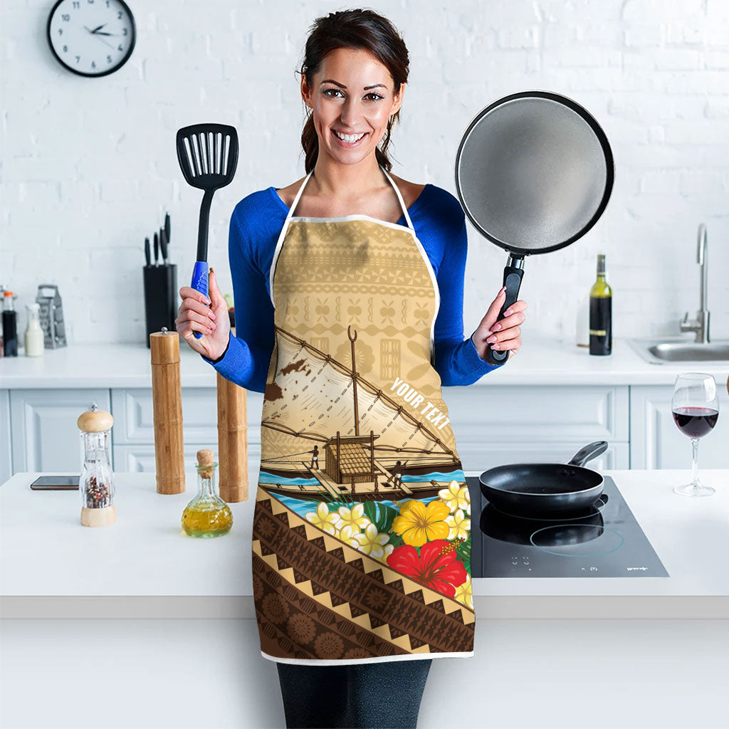 Personalised Bula Vinaka Fiji Drua Apron Fijian Traditional Canoe Tapa Cloth Beige LT14 - Polynesian Pride