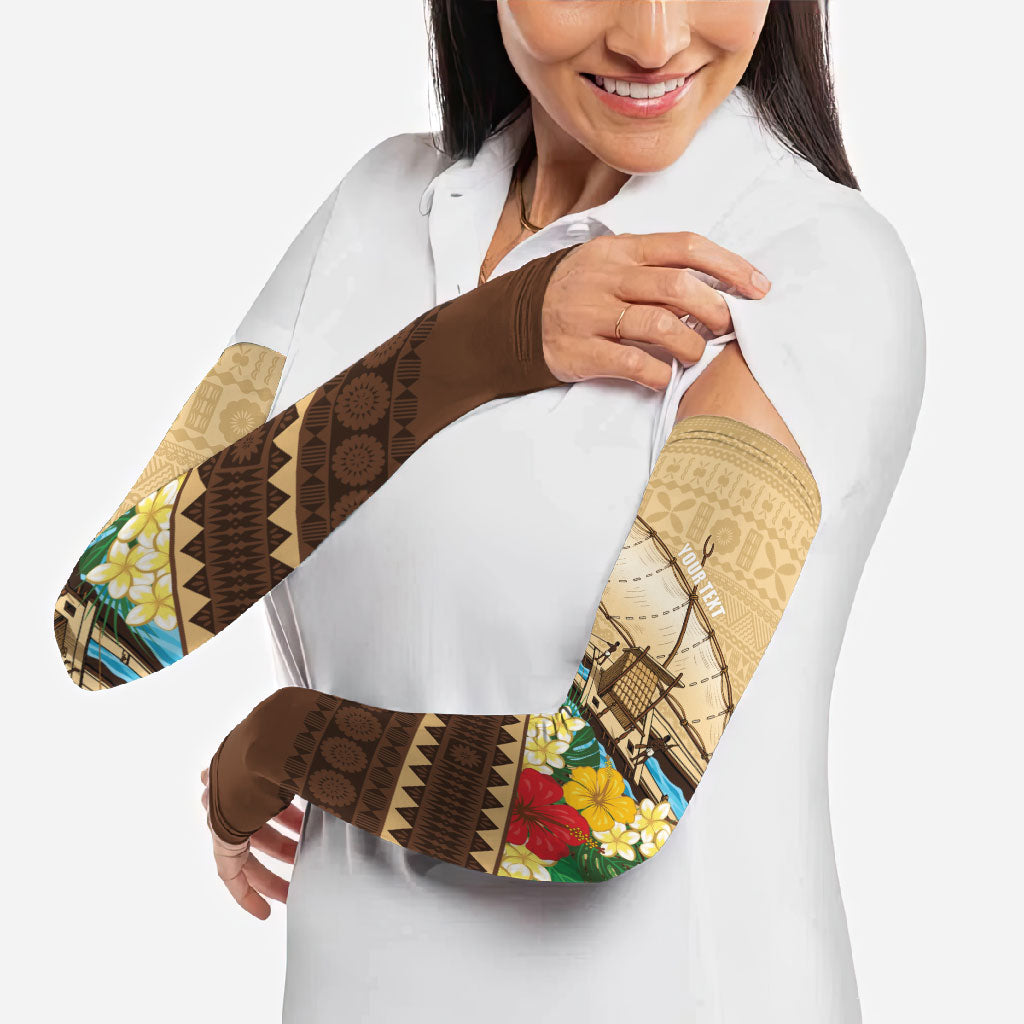 Personalised Bula Vinaka Fiji Drua Arm Sleeves Fijian Traditional Canoe Tapa Cloth Beige LT14 - Polynesian Pride