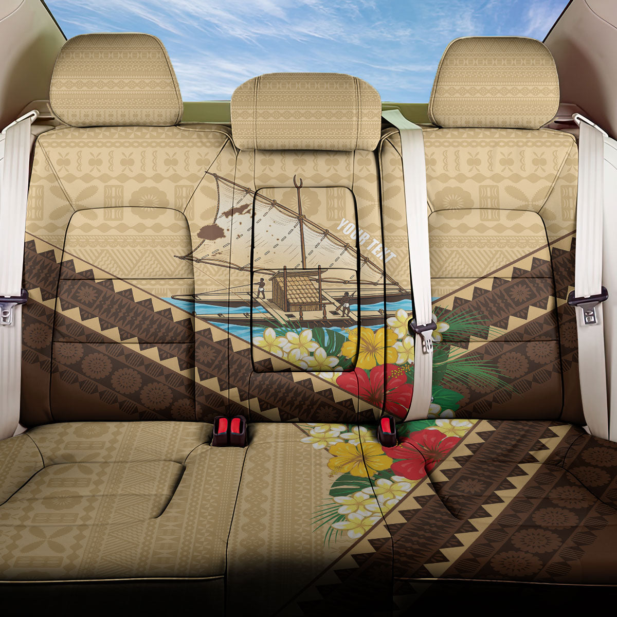 Personalised Bula Vinaka Fiji Drua Back Car Seat Cover Fijian Traditional Canoe Tapa Cloth Beige LT14 One Size Beige - Polynesian Pride