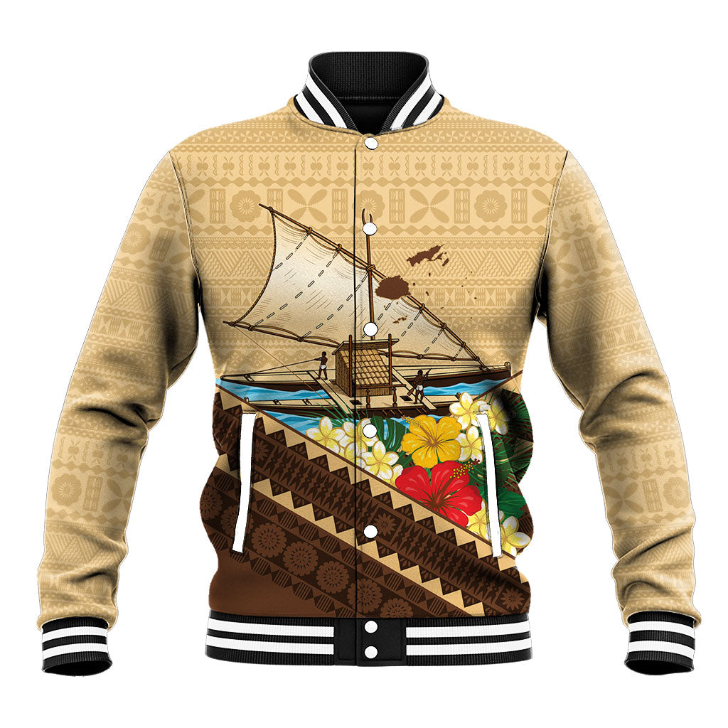 Personalised Bula Vinaka Fiji Drua Baseball Jacket Fijian Traditional Canoe Tapa Cloth Beige LT14 Unisex Beige - Polynesian Pride