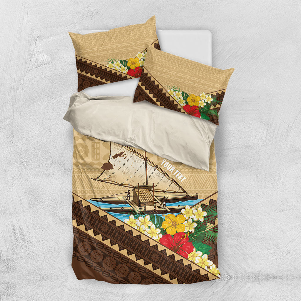 Personalised Bula Vinaka Fiji Drua Bedding Set Fijian Traditional Canoe Tapa Cloth Beige LT14 US Twin 172cm x 218cm Beige - Polynesian Pride