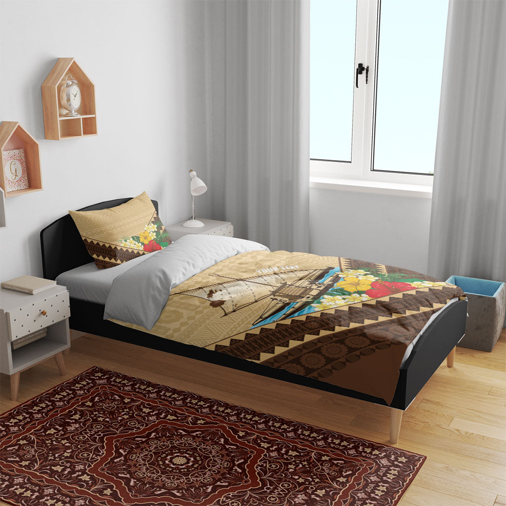 Personalised Bula Vinaka Fiji Drua Bedding Set Fijian Traditional Canoe Tapa Cloth Beige LT14 - Polynesian Pride