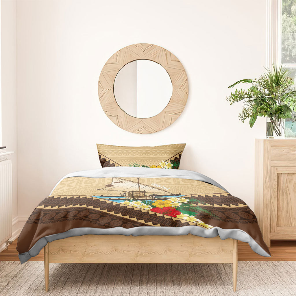 Personalised Bula Vinaka Fiji Drua Bedding Set Fijian Traditional Canoe Tapa Cloth Beige LT14 - Polynesian Pride