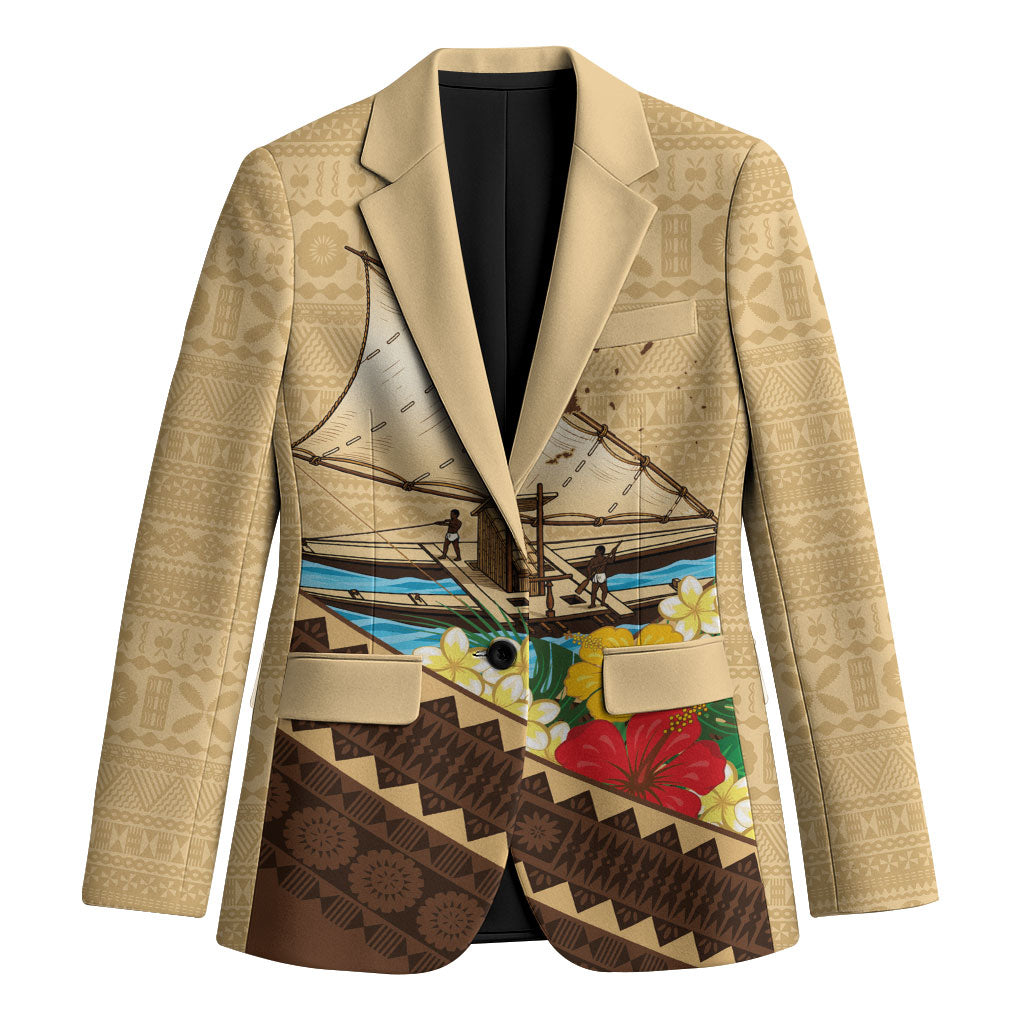 Personalised Bula Vinaka Fiji Drua Blazer Fijian Traditional Canoe Tapa Cloth Beige LT14 Unisex Beige - Polynesian Pride