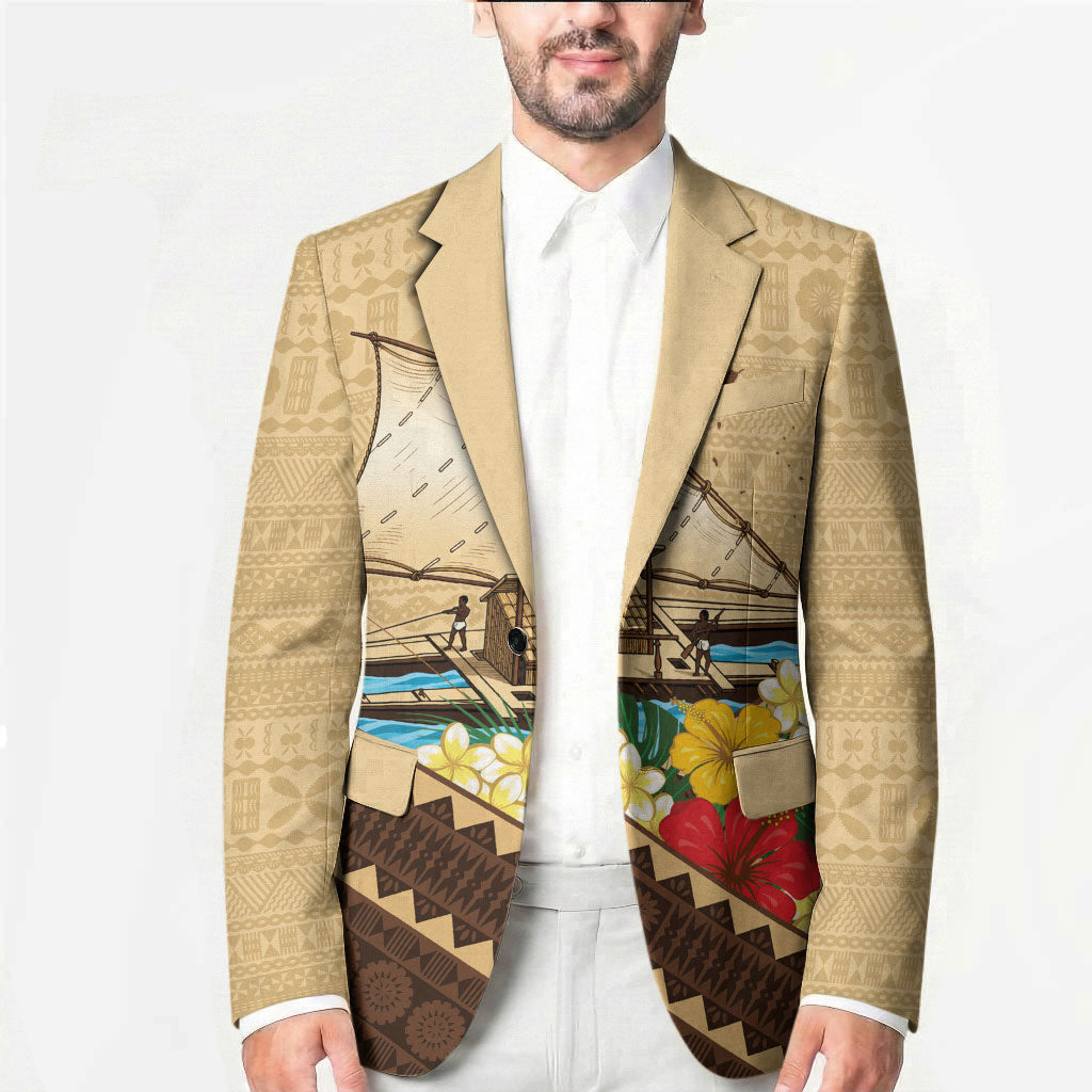 Personalised Bula Vinaka Fiji Drua Blazer Fijian Traditional Canoe Tapa Cloth Beige LT14 - Polynesian Pride