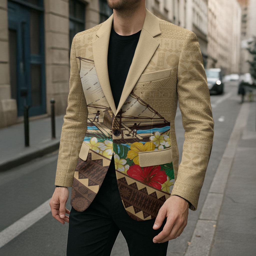 Personalised Bula Vinaka Fiji Drua Blazer Fijian Traditional Canoe Tapa Cloth Beige LT14 - Polynesian Pride