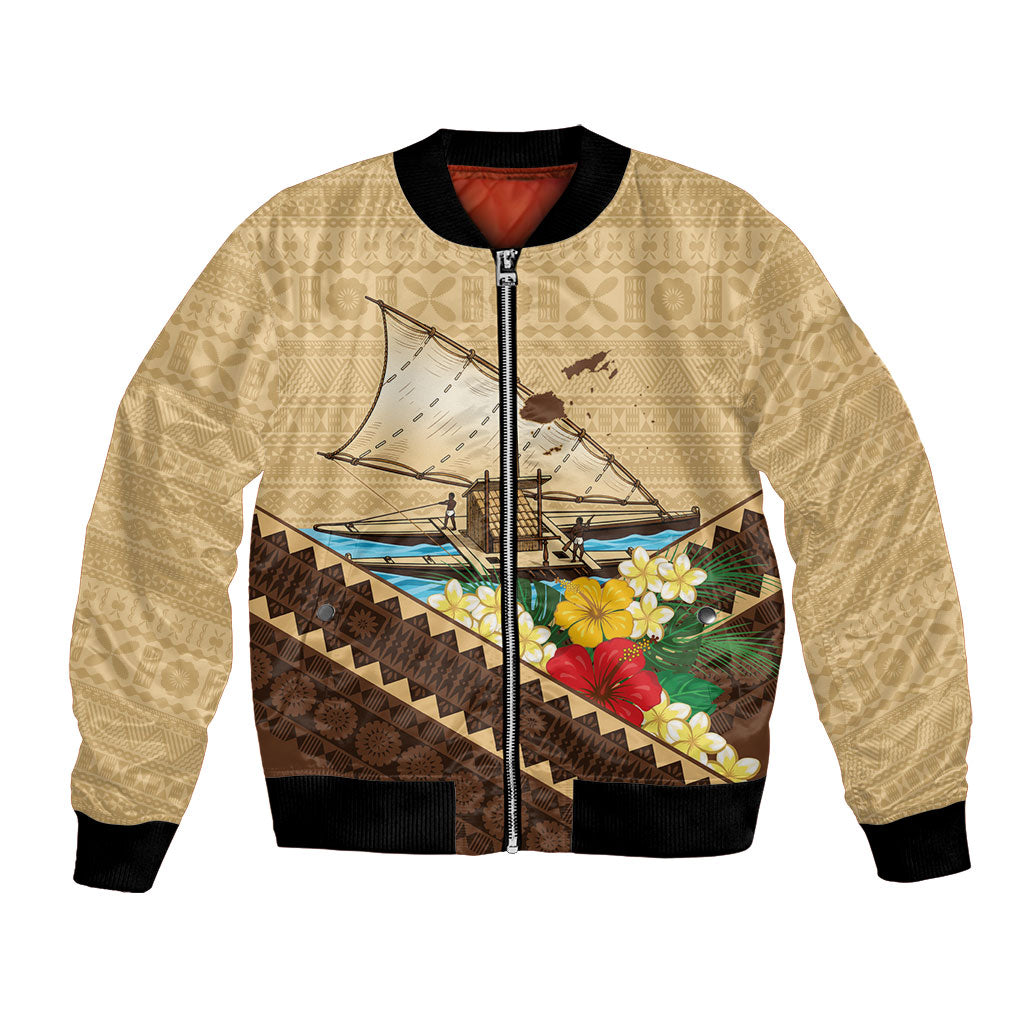 Personalised Bula Vinaka Fiji Drua Bomber Jacket Fijian Traditional Canoe Tapa Cloth Beige LT14 Unisex Beige - Polynesian Pride
