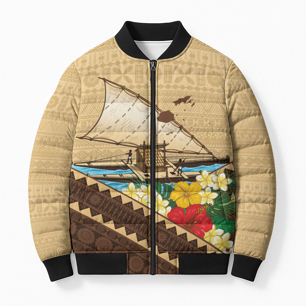 Personalised Bula Vinaka Fiji Drua Bomber Puffer Jacket Fijian Traditional Canoe Tapa Cloth Beige LT14 Unisex Beige - Polynesian Pride