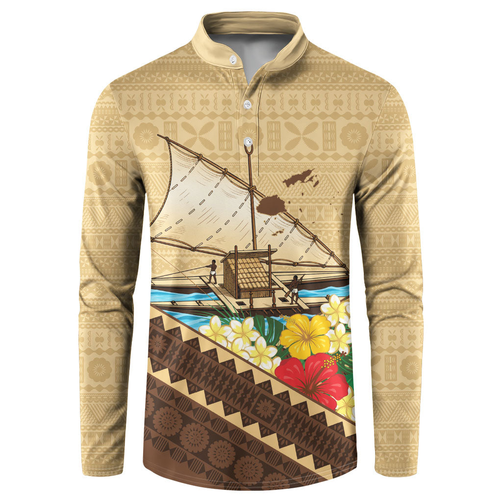 Personalised Bula Vinaka Fiji Drua Button Sweatshirt Fijian Traditional Canoe Tapa Cloth Beige LT14 Beige - Polynesian Pride