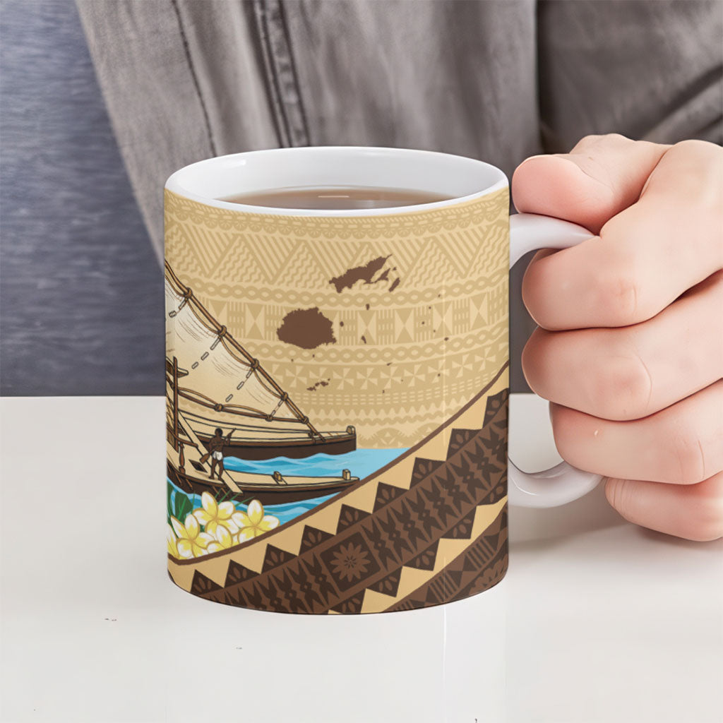 Personalised Bula Vinaka Fiji Drua Ceramic Mug Fijian Traditional Canoe Tapa Cloth Beige LT14 - Polynesian Pride