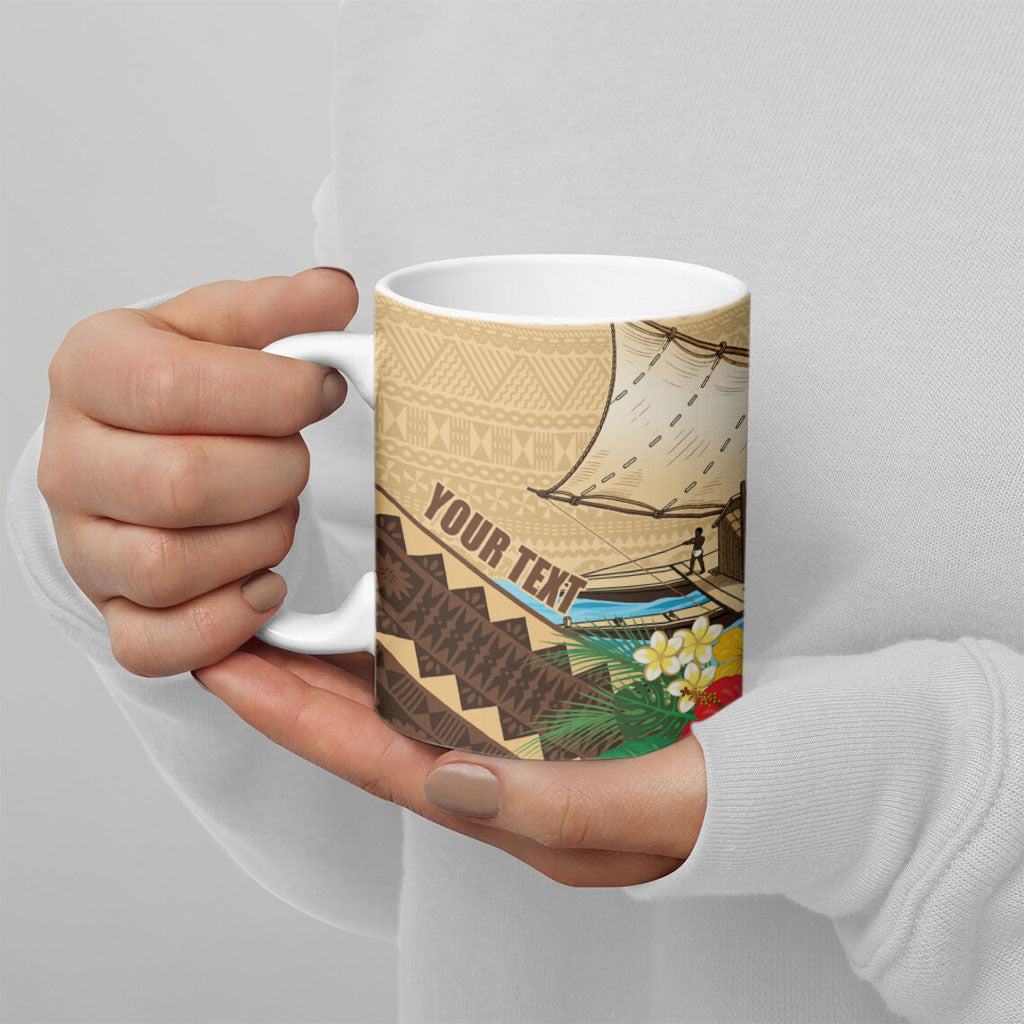 Personalised Bula Vinaka Fiji Drua Ceramic Mug Fijian Traditional Canoe Tapa Cloth Beige LT14 - Polynesian Pride