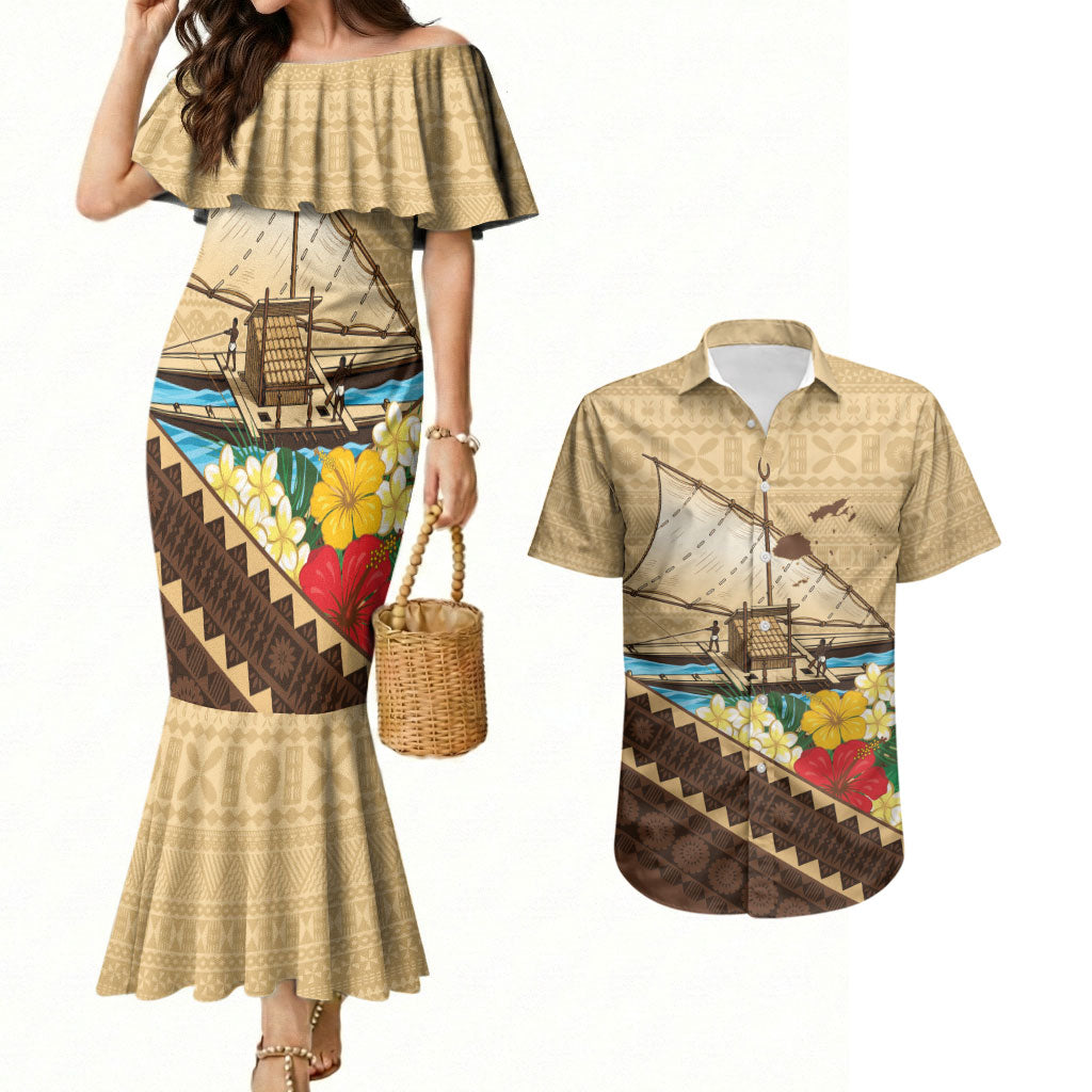 Personalised Bula Vinaka Fiji Drua Couples Matching Mermaid Dress and Hawaiian Shirt Fijian Traditional Canoe Tapa Cloth Beige LT14 Beige - Polynesian Pride