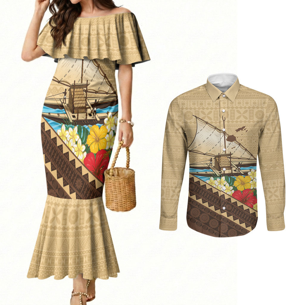 Personalised Bula Vinaka Fiji Drua Couples Matching Mermaid Dress and Long Sleeve Button Shirt Fijian Traditional Canoe Tapa Cloth Beige LT14 Beige - Polynesian Pride