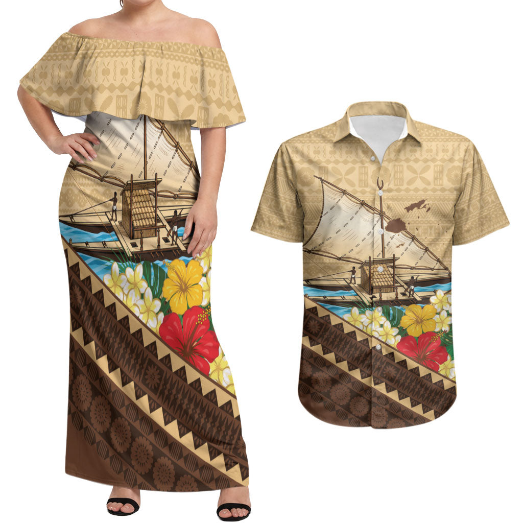 Personalised Bula Vinaka Fiji Drua Couples Matching Off Shoulder Maxi Dress and Hawaiian Shirt Fijian Traditional Canoe Tapa Cloth Beige LT14 Beige - Polynesian Pride