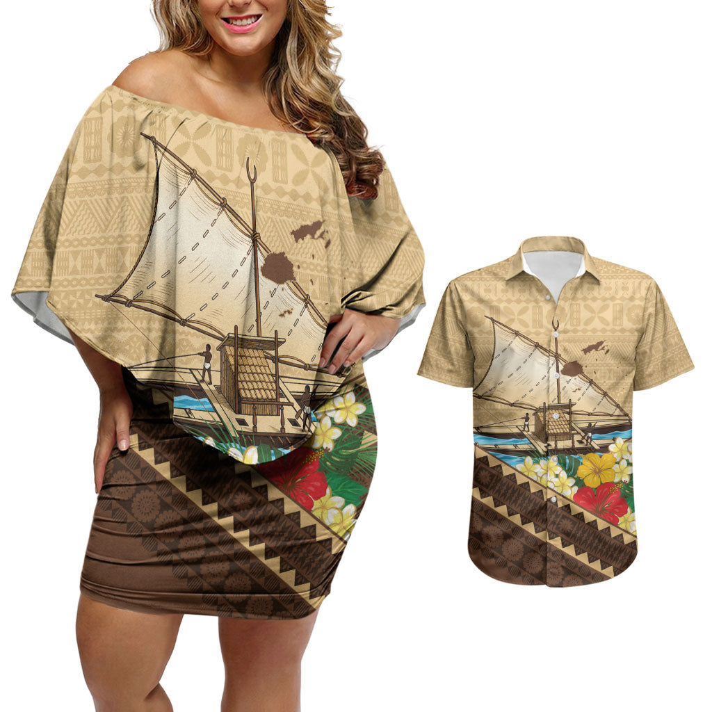 Personalised Bula Vinaka Fiji Drua Couples Matching Off Shoulder Short Dress and Hawaiian Shirt Fijian Traditional Canoe Tapa Cloth Beige LT14 Beige - Polynesian Pride