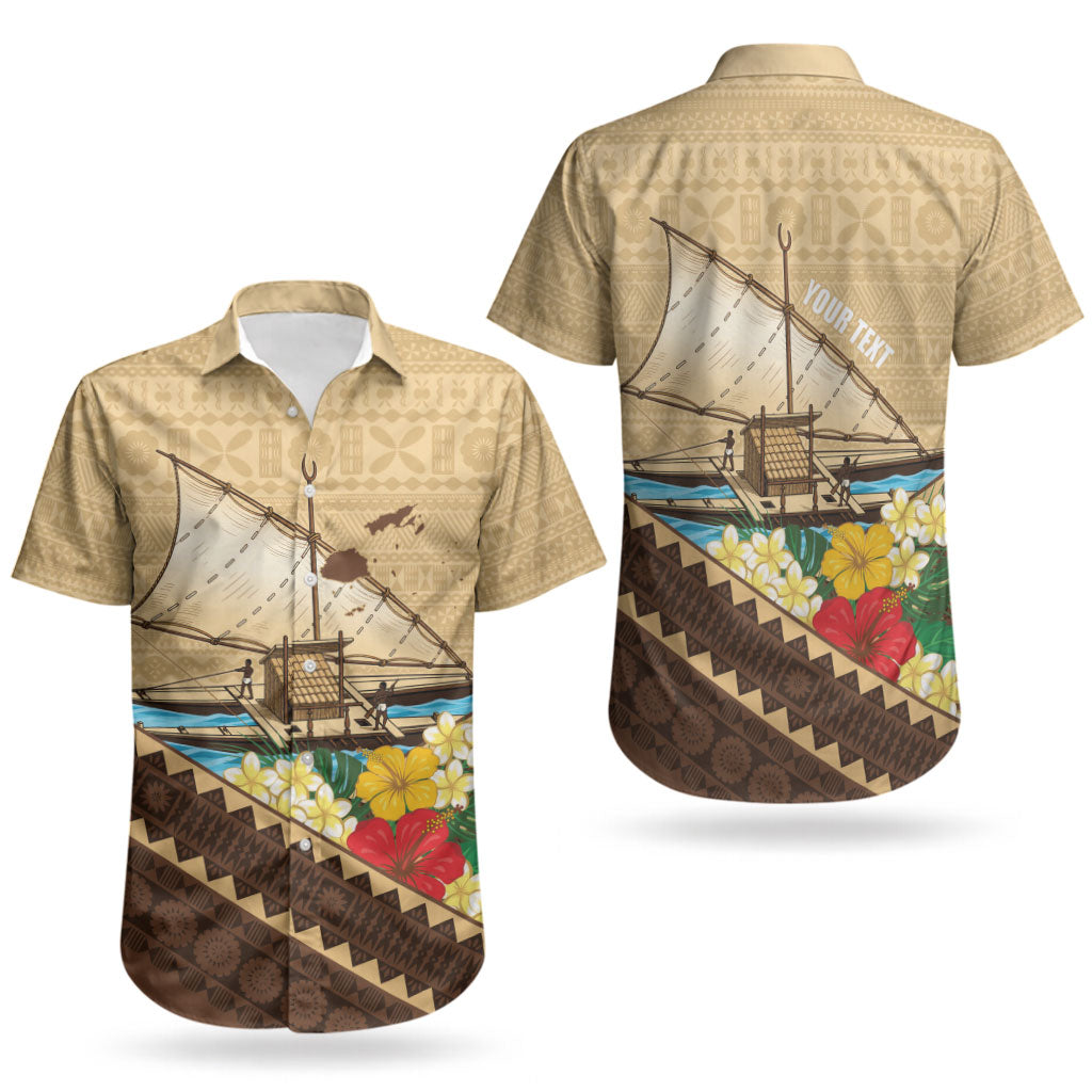Personalised Bula Vinaka Fiji Drua Couples Matching Off The Shoulder Long Sleeve Dress and Hawaiian Shirt Fijian Traditional Canoe Tapa Cloth Beige LT14 - Polynesian Pride