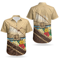Personalised Bula Vinaka Fiji Drua Couples Matching Off The Shoulder Long Sleeve Dress and Hawaiian Shirt Fijian Traditional Canoe Tapa Cloth Beige LT14 - Polynesian Pride