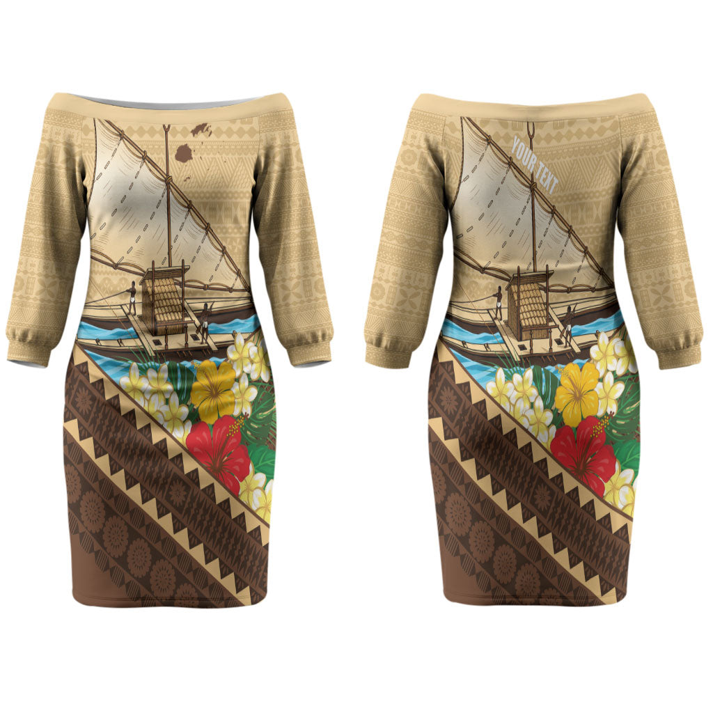 Personalised Bula Vinaka Fiji Drua Couples Matching Off The Shoulder Long Sleeve Dress and Hawaiian Shirt Fijian Traditional Canoe Tapa Cloth Beige LT14 - Polynesian Pride