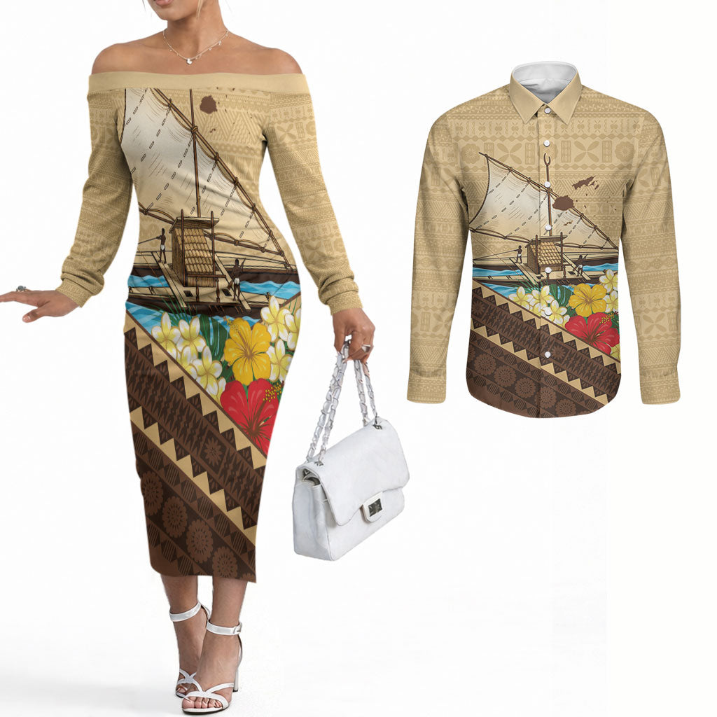 Personalised Bula Vinaka Fiji Drua Couples Matching Off The Shoulder Long Sleeve Dress and Long Sleeve Button Shirt Fijian Traditional Canoe Tapa Cloth Beige LT14 Beige - Polynesian Pride