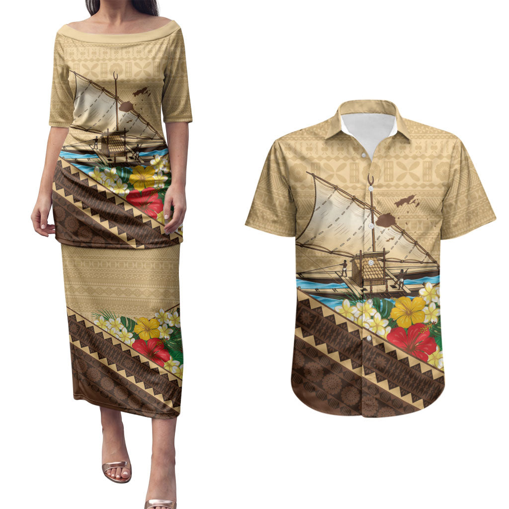 Personalised Bula Vinaka Fiji Drua Couples Matching Puletasi and Hawaiian Shirt Fijian Traditional Canoe Tapa Cloth Beige LT14 Beige - Polynesian Pride