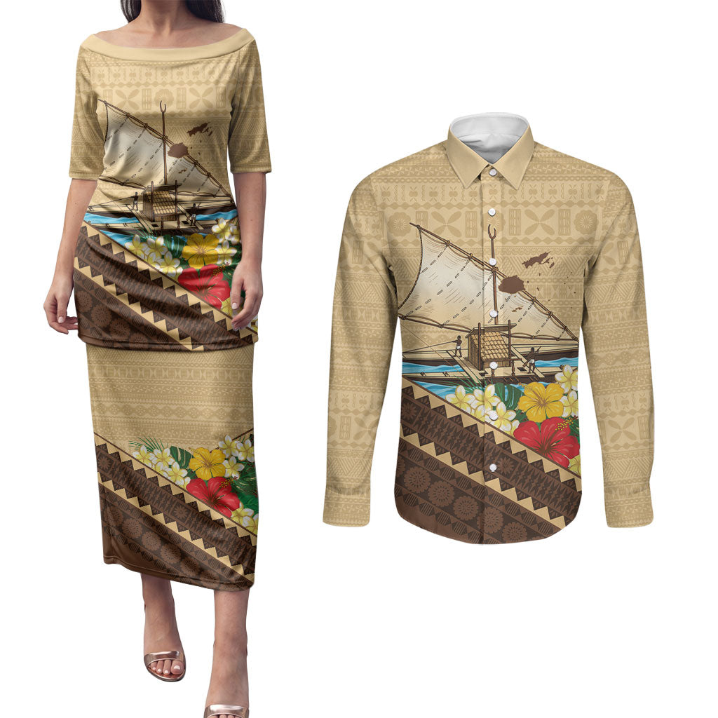 Personalised Bula Vinaka Fiji Drua Couples Matching Puletasi and Long Sleeve Button Shirt Fijian Traditional Canoe Tapa Cloth Beige LT14 Beige - Polynesian Pride