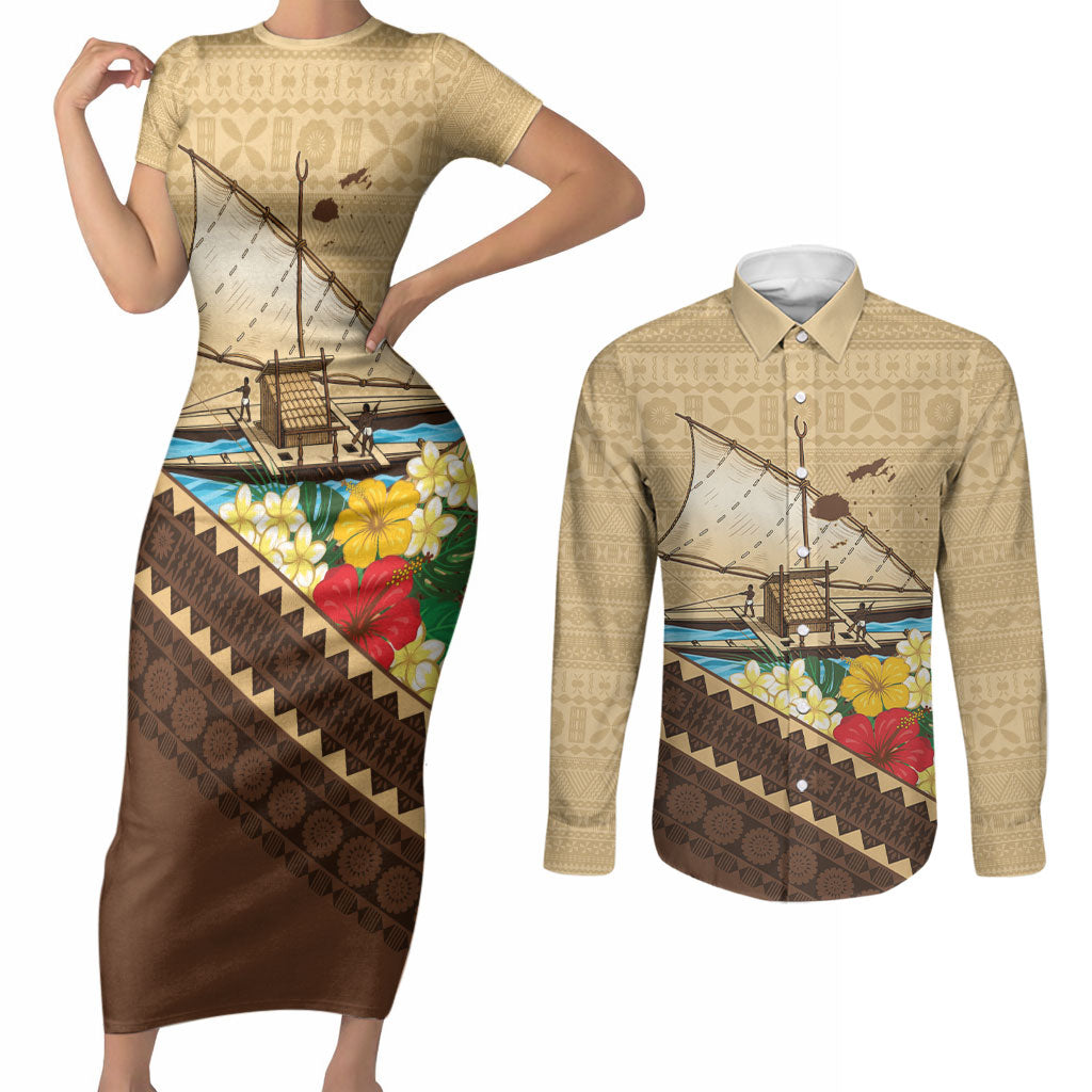 Personalised Bula Vinaka Fiji Drua Couples Matching Short Sleeve Bodycon Dress and Long Sleeve Button Shirt Fijian Traditional Canoe Tapa Cloth Beige LT14 Beige - Polynesian Pride