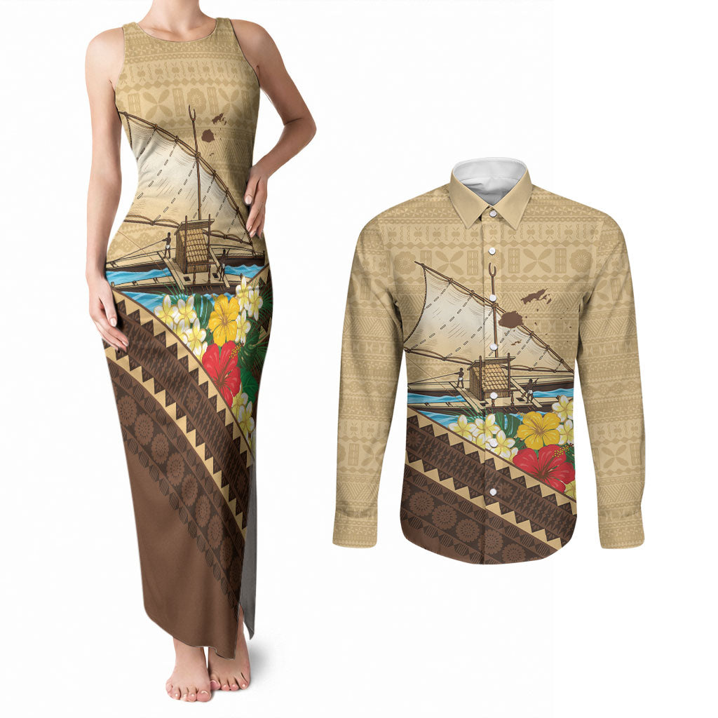 Personalised Bula Vinaka Fiji Drua Couples Matching Tank Maxi Dress and Long Sleeve Button Shirt Fijian Traditional Canoe Tapa Cloth Beige LT14 Beige - Polynesian Pride