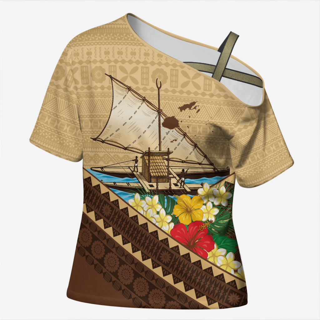 Personalised Bula Vinaka Fiji Drua Cross Shoulder Shirt Fijian Traditional Canoe Tapa Cloth Beige LT14 Female Beige - Polynesian Pride