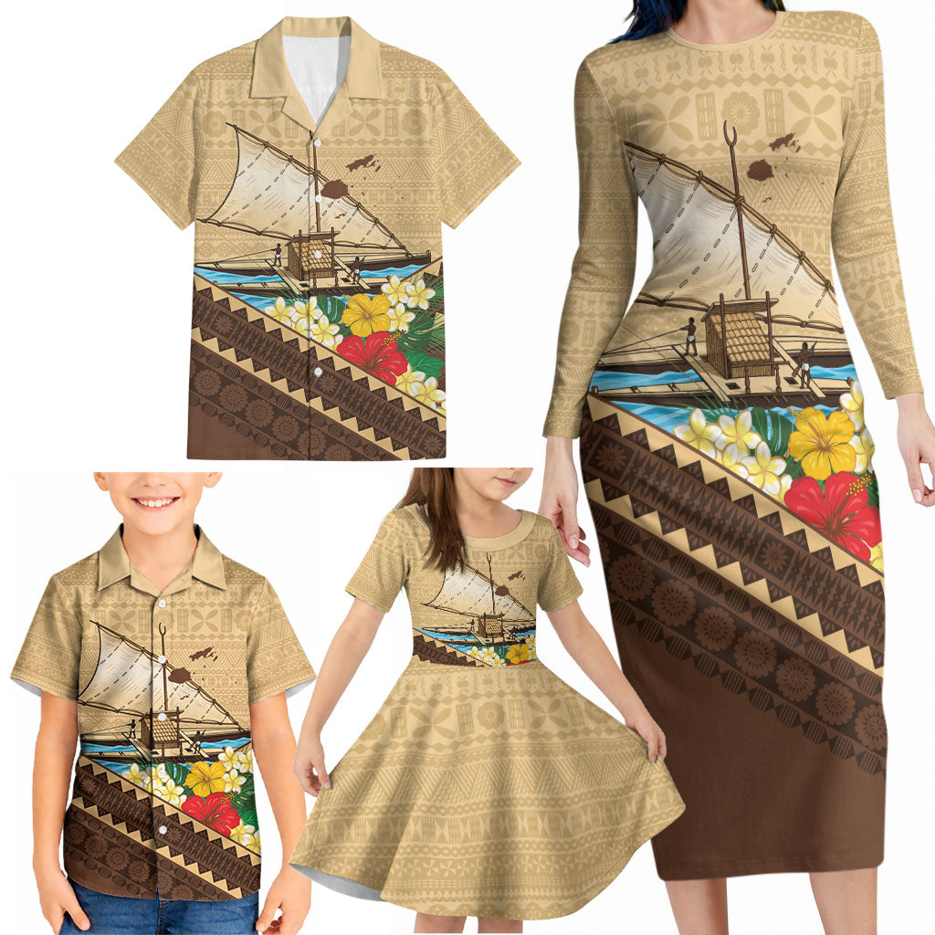Personalised Bula Vinaka Fiji Drua Family Matching Long Sleeve Bodycon Dress and Hawaiian Shirt Fijian Traditional Canoe Tapa Cloth Beige LT14 - Polynesian Pride