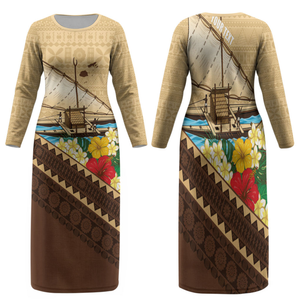 Personalised Bula Vinaka Fiji Drua Family Matching Long Sleeve Bodycon Dress and Hawaiian Shirt Fijian Traditional Canoe Tapa Cloth Beige LT14 Mom's Dress Beige - Polynesian Pride