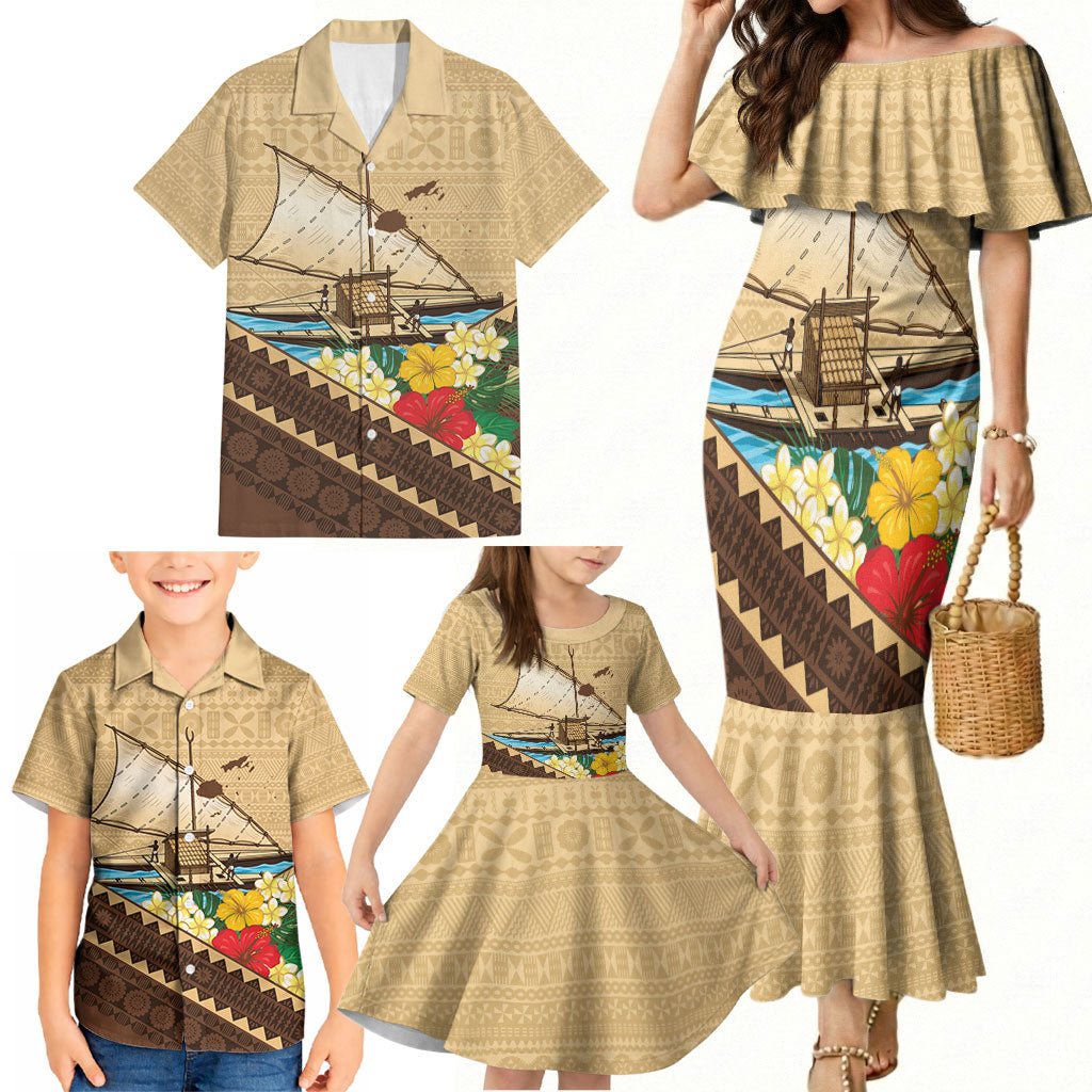 Personalised Bula Vinaka Fiji Drua Family Matching Mermaid Dress and Hawaiian Shirt Fijian Traditional Canoe Tapa Cloth Beige LT14 - Polynesian Pride