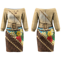 Personalised Bula Vinaka Fiji Drua Family Matching Off The Shoulder Long Sleeve Dress and Hawaiian Shirt Fijian Traditional Canoe Tapa Cloth Beige LT14 Mom's Dress Beige - Polynesian Pride