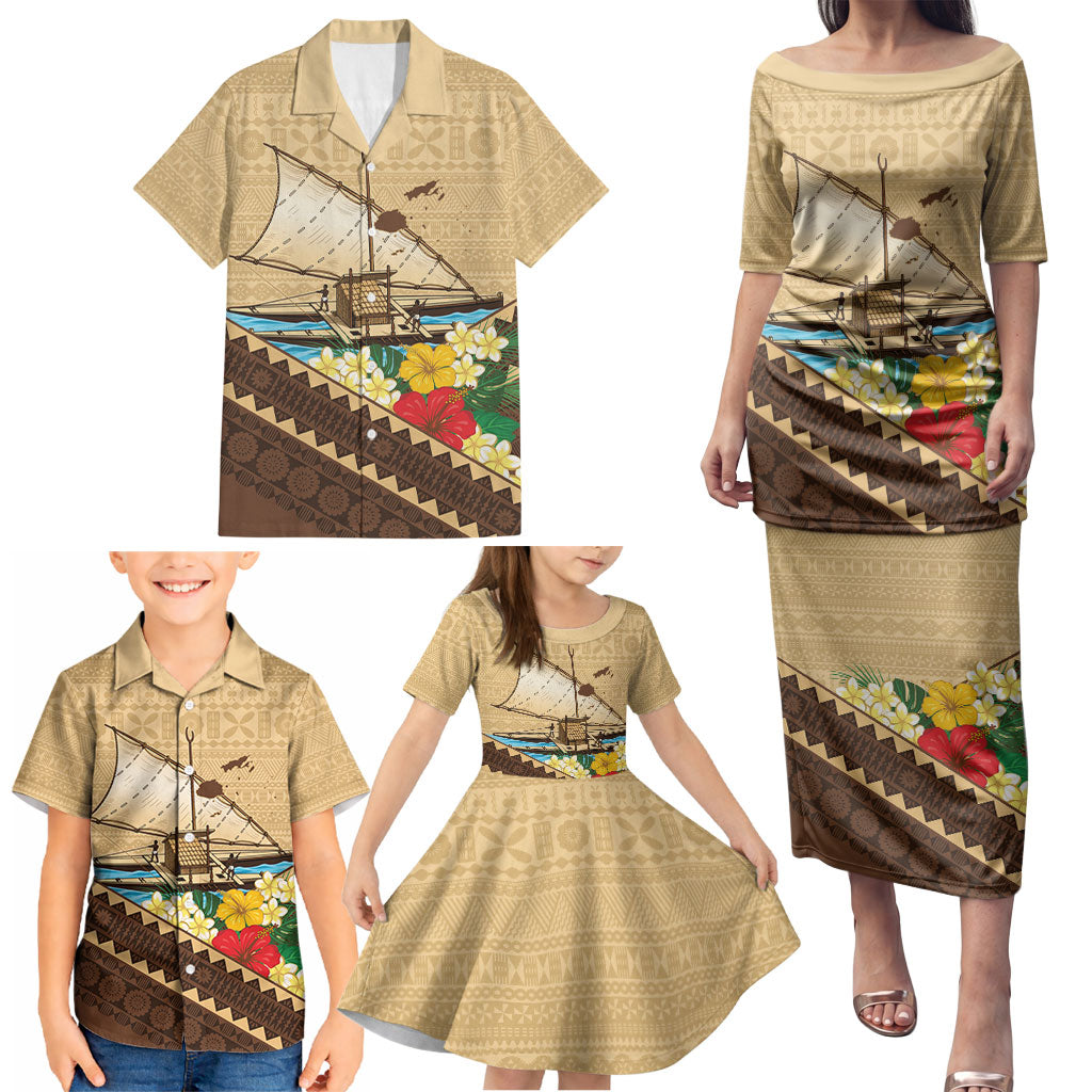 Personalised Bula Vinaka Fiji Drua Family Matching Puletasi and Hawaiian Shirt Fijian Traditional Canoe Tapa Cloth Beige LT14 - Polynesian Pride