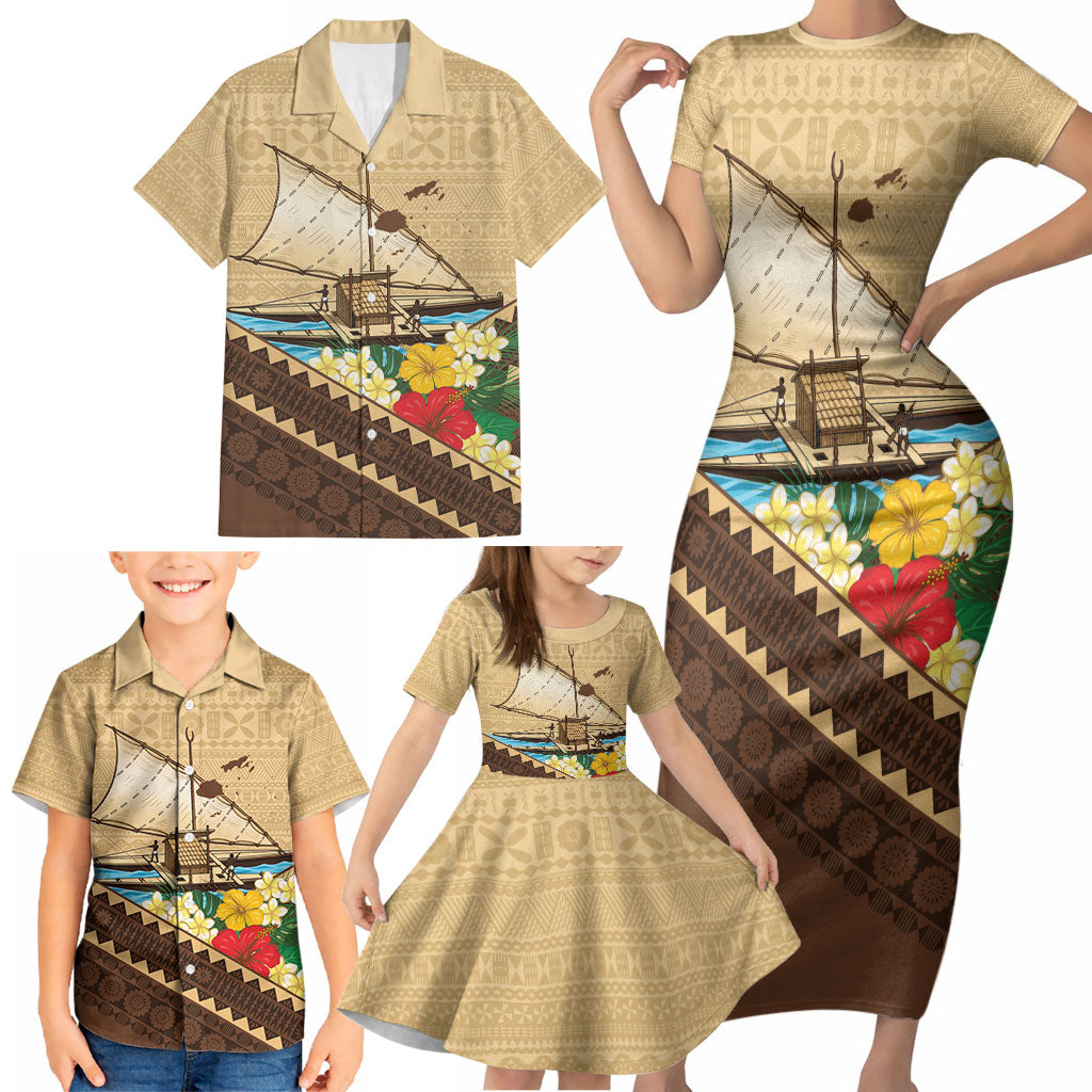 Personalised Bula Vinaka Fiji Drua Family Matching Short Sleeve Bodycon Dress and Hawaiian Shirt Fijian Traditional Canoe Tapa Cloth Beige LT14 - Polynesian Pride