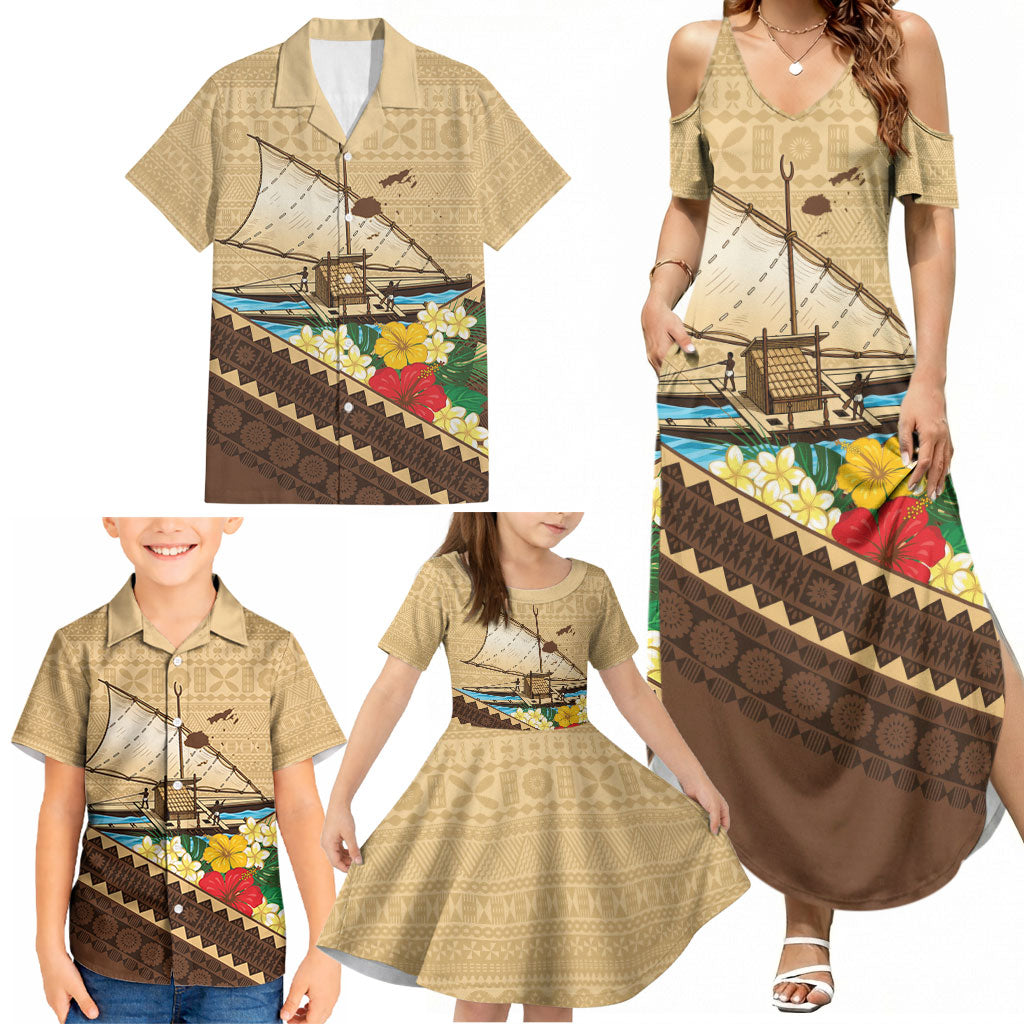 Personalised Bula Vinaka Fiji Drua Family Matching Summer Maxi Dress and Hawaiian Shirt Fijian Traditional Canoe Tapa Cloth Beige LT14 - Polynesian Pride