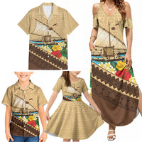 Personalised Bula Vinaka Fiji Drua Family Matching Summer Maxi Dress and Hawaiian Shirt Fijian Traditional Canoe Tapa Cloth Beige LT14 - Polynesian Pride